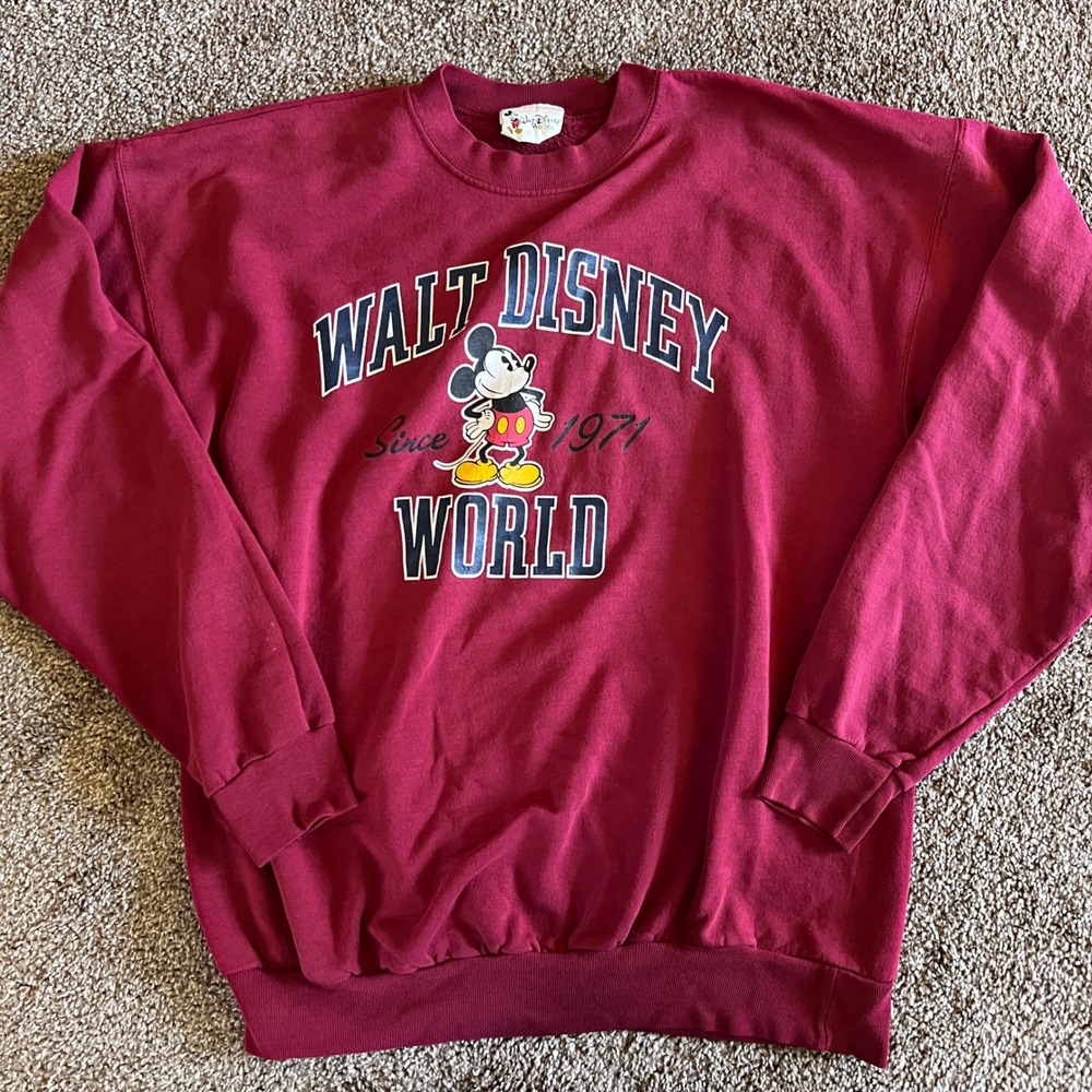 Y2K Walt Disney World Burgundy Red Mickey Mouse Crewneck Sweatshirt READ